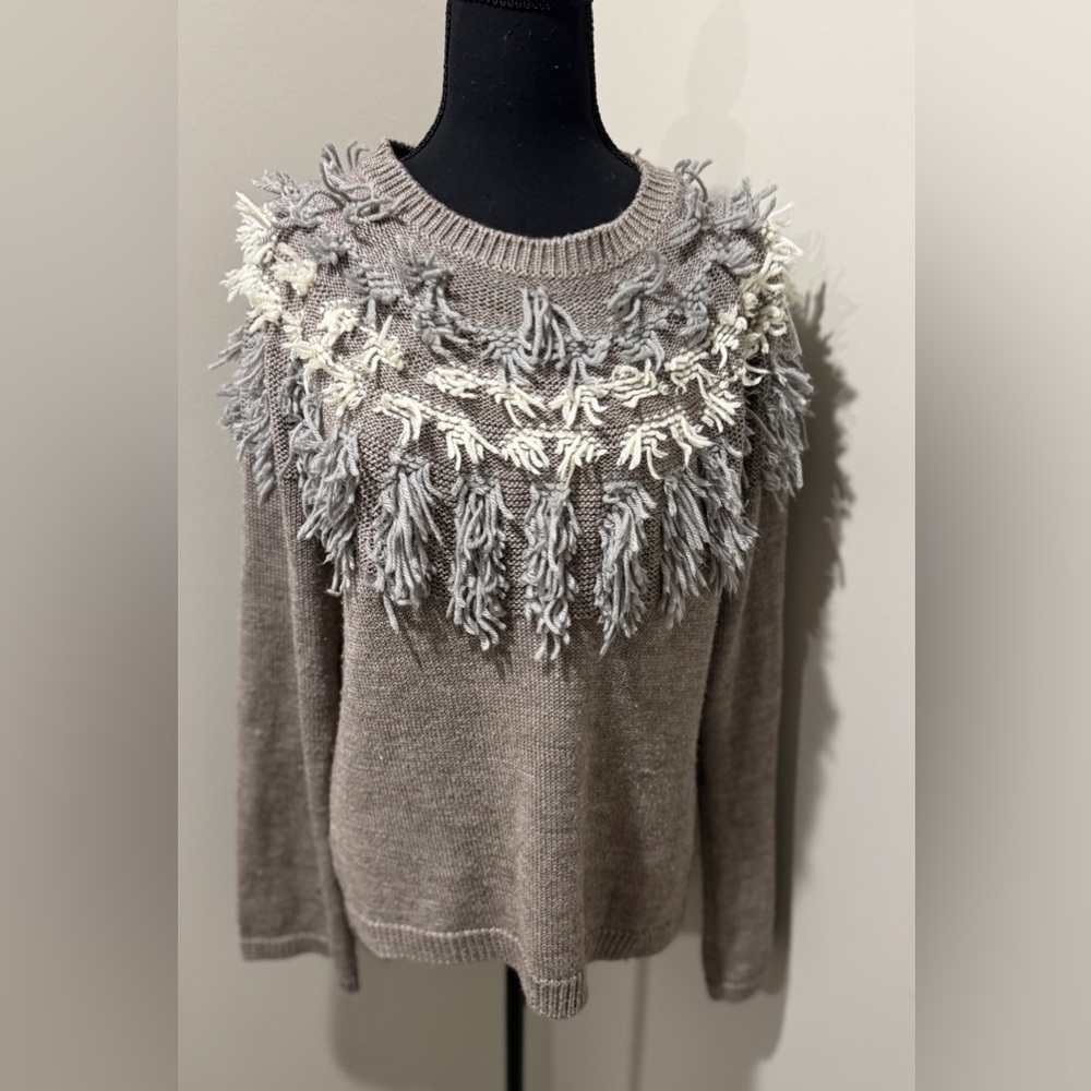 Amadi Anthropology Icelandic fringe Sweater Cozy, textured, boho aesthetic‎